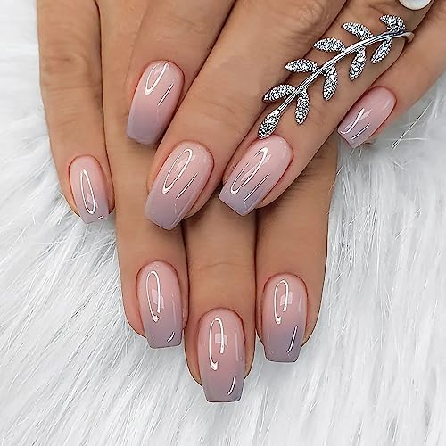 Press on Nails Short Fake Nails Coffin False Nails with Glue Purple Pink Gradual Nude Color Glue on Nail Foll Cover Stick on Nails For Women Girls 24PCS