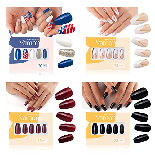 Press On Nails Short Length Coffin Shape Fake Nails, 114 Flake Nails With Solid&Designs(4Pcs), Stick On Acrylic Nail Tips Kit, False Nails For Women, Nail Art Manicure Set, Independent