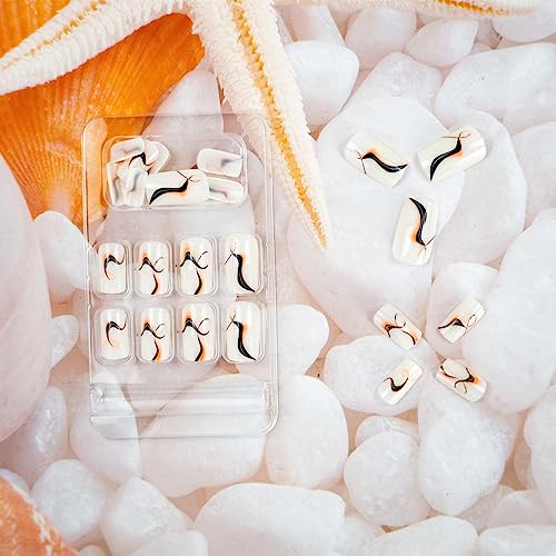 Press on Nails Short Length Natural Fake Nails with Black and Orange Swirl Designs Square False Nails with Glue and Adhesive Tabs, Acrylic Artificial Nails for Women Girls 24pcs - Image 3