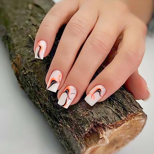Press on Nails Short Length Natural Fake Nails with Black and Orange Swirl Designs Square False Nails with Glue and Adhesive Tabs, Acrylic Artificial Nails for Women Girls 24pcs
