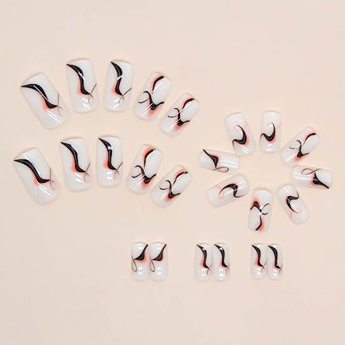 Press on Nails Short Length Natural Fake Nails with Black and Orange Swirl Designs Square False Nails with Glue and Adhesive Tabs, Acrylic Artificial Nails for Women Girls 24pcs - Image 6