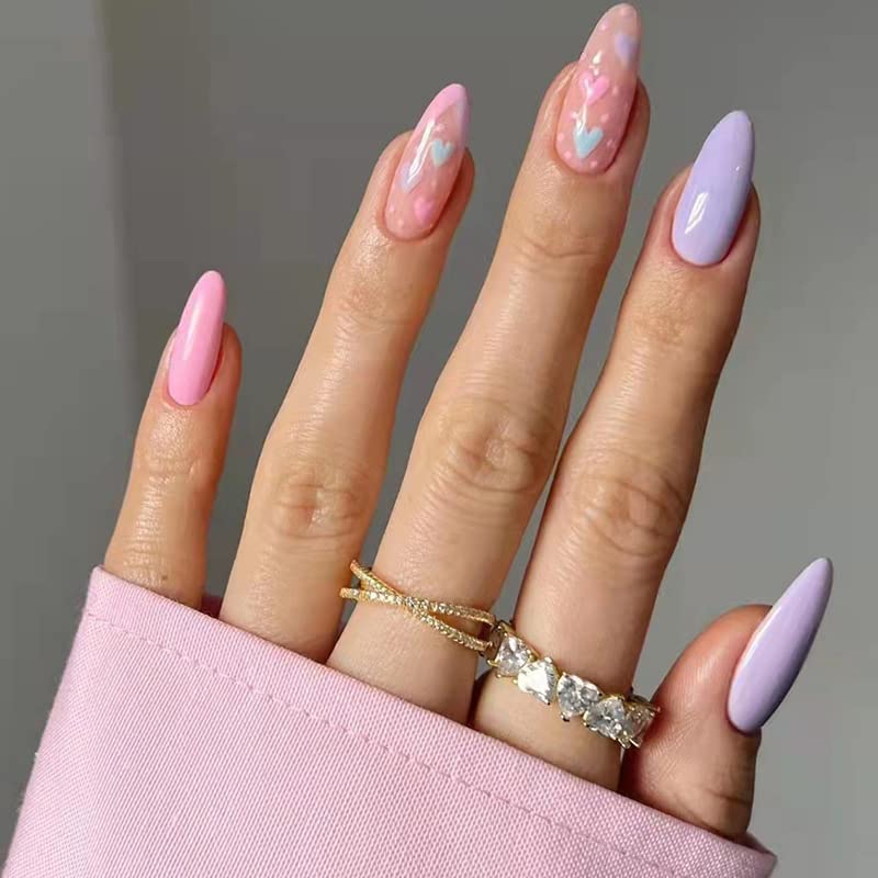 Press On Nails -Short Pointed Almond Shape Macarons Purple Pink,Supremely Fit & Natural Soft Gel Square Glue,Reusable Stick On Nails in 12 Sizes - 24 Fake Nails Kit.