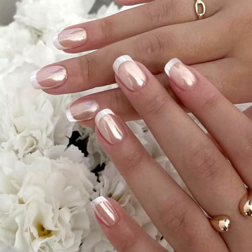 Press on Nails Short Square Acrylic Fake Nails with Apricot Design Full Cover False Nails Glossy Nude Glue on Nails Artificial Stick on Nails for Women 24Pcs (Aurora French)