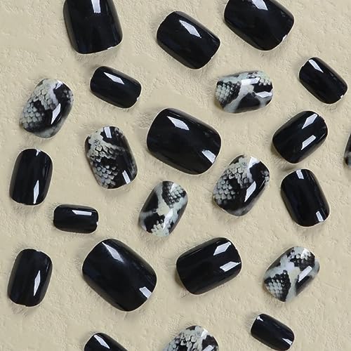 Press On Nails Short Square Black Snake Print Fake Nails Acrylic False Nail Tips Kit Glue on Nails for Women - Image 2