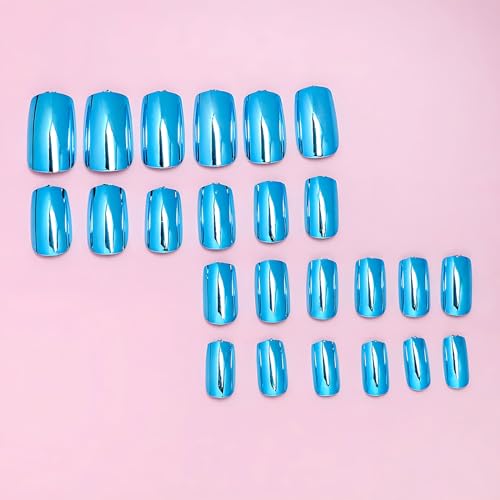 Press on Nails Short Square, Blue Chrome Fake Nails, Mirror Metal Acrylic Nails Set Stick Glue on Nails, Shiny Glossy False Nails Elegant Women Girls Nail Accessories Decorations 24 Pcs - Image 3