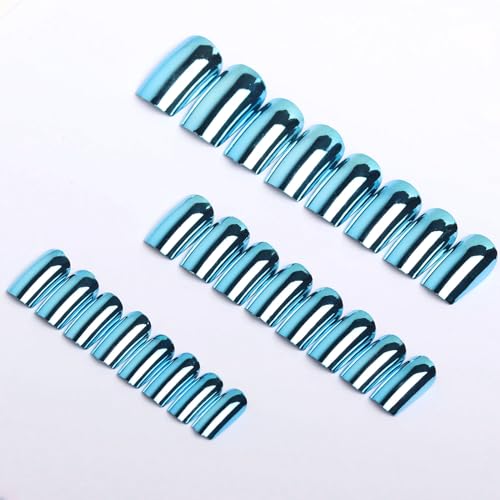 Press on Nails Short Square, Blue Chrome Fake Nails, Mirror Metal Acrylic Nails Set Stick Glue on Nails, Shiny Glossy False Nails Elegant Women Girls Nail Accessories Decorations 24 Pcs - Image 4