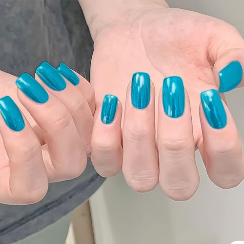 Press on Nails Short Square, Blue Chrome Fake Nails, Mirror Metal Acrylic Nails Set Stick Glue on Nails, Shiny Glossy False Nails Elegant Women Girls Nail Accessories Decorations 24 Pcs