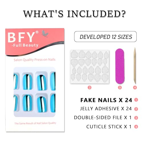 Press on Nails Short Square, Blue Chrome Fake Nails, Mirror Metal Acrylic Nails Set Stick Glue on Nails, Shiny Glossy False Nails Elegant Women Girls Nail Accessories Decorations 24 Pcs - Image 5
