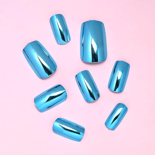 Press on Nails Short Square, Blue Chrome Fake Nails, Mirror Metal Acrylic Nails Set Stick Glue on Nails, Shiny Glossy False Nails Elegant Women Girls Nail Accessories Decorations 24 Pcs - Image 2