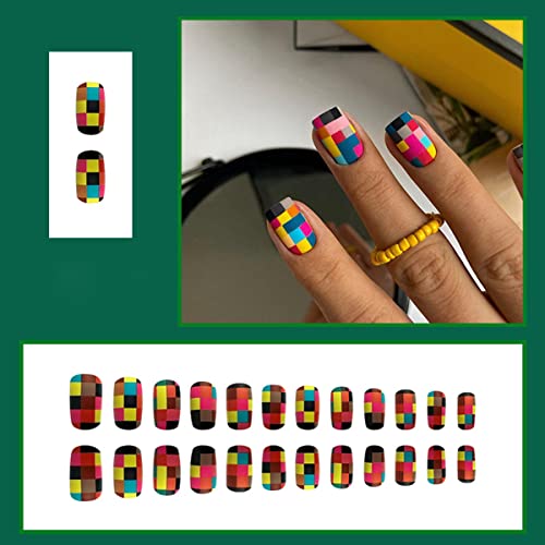 Press on Nails Short Square Fake Nails Glossy Stick on Nails Colorful Squares False Nails with Designs Glue on Nails Artificial Fake Nails Acrylic False Nails for Women Girls Nail Decorations 24Pcs - Image 2