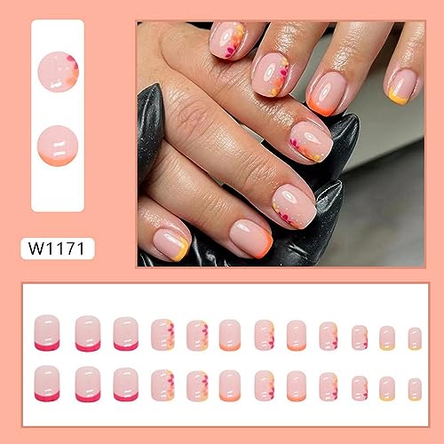 Press on Nails Short Square Fake Nails with Floral Designs Summer Stick on Nails Flower Glue on Nails Glossy False Nails for Women DIY Manicure 24pcs Artificial Nails - Image 4