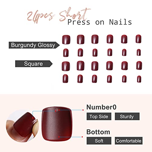 Press on Nails Short Square - Kikmoya Burgundy Solid Glossy False Fake Nails - 24pcs Squoval Stick on Nails for Women - Image 4