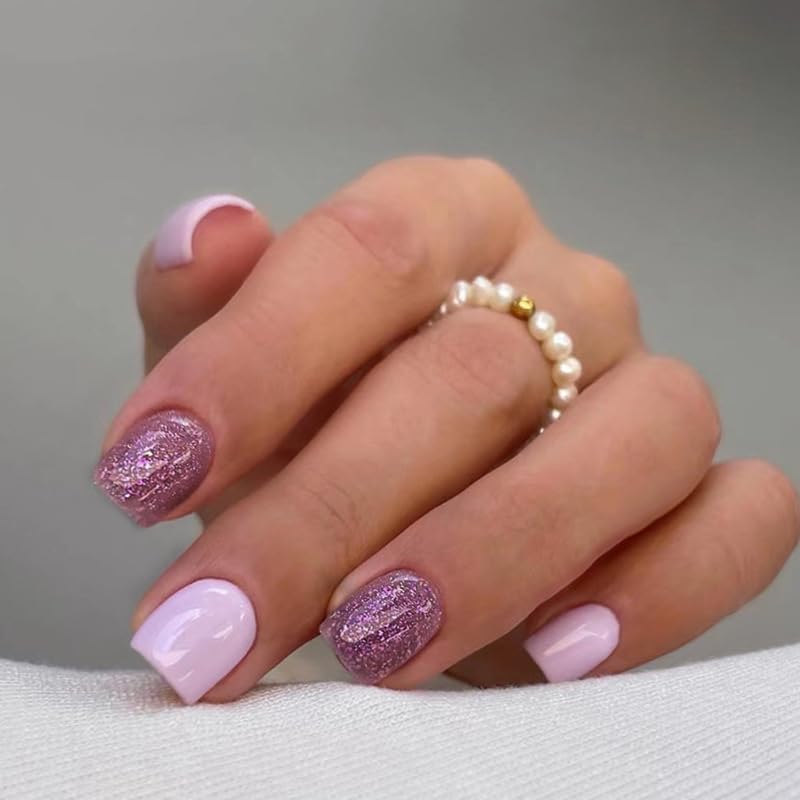 Press on Nails Short Square, Purple Glitter Fake Nails, Gel Made Solid Color False Nails Natural Fit Gel Acrylic Nails, Glossy Glue on Nails Full Cover Nail Kits for Women 24Pcs