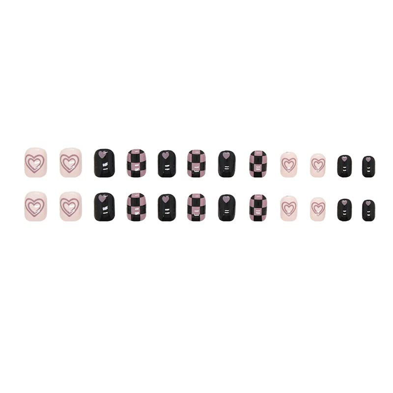 Press on Nails Short Square Stick on Nails Black Fake Nails Pink Glue on Nails Cute False Nails with Heart Lattice Designs Black Full Cover Acrylic Nails Glossy Artificial Nails for Girls - Image 4