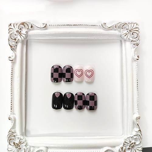 Press on Nails Short Square Stick on Nails Black Fake Nails Pink Glue on Nails Cute False Nails with Heart Lattice Designs Black Full Cover Acrylic Nails Glossy Artificial Nails for Girls - Image 6