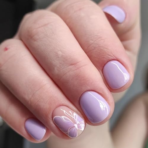 Press on Nails Short Square,Purple with Butterfly Design Fake Nails Acrylic False Nails Glossy Glue on Nails Full Cover Gel Manicure False Nails for Wedding Stick on Nails for Women Spring Summer