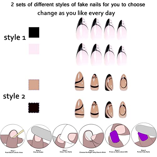 Press On Nails Short, Stripes French Fake Nails, 2packs (48 Pcs) Glossy Full Cover Acrylic Press on Nails Almond, Black Stick On Nails for Women and Girls - Image 5