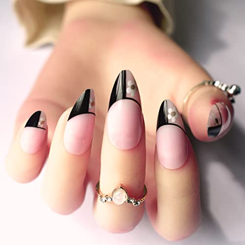Press On Nails Short, Stripes French Fake Nails, 2packs (48 Pcs) Glossy Full Cover Acrylic Press on Nails Almond, Black Stick On Nails for Women and Girls - Image 3