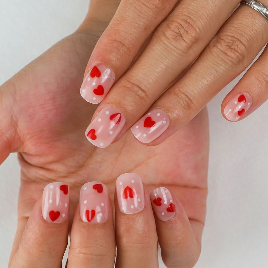 Press on Nails Short,24pcs Anyos Square Valentines Day Fake Nails French Tip Full Cover Acrylic Nails for Women Girls with 48pcs jelly stickers and 1 nail gule (Short Heart Red 1)
