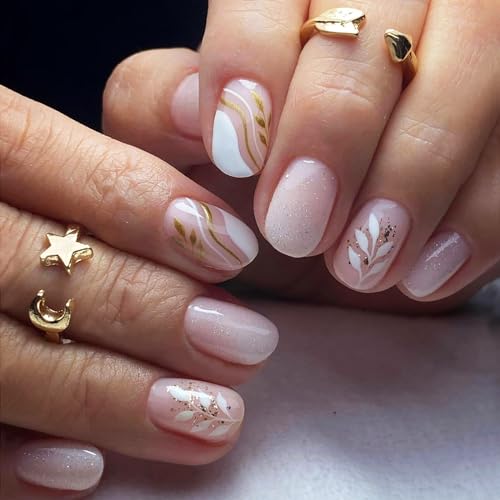 Press On Nails Short,Square Fake Nails Gold Glitter False Nails with White Line Design Leaf Patterns Acrylic Nails Glossy Stick on Nails for Women Jelly Press on Nails Thanksgiving Manicure
