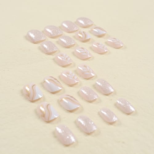 Press On Nails Short,Square Fake Nails Gold Glitter False Nails with White Line Design Leaf Patterns Acrylic Nails Glossy Stick on Nails for Women Jelly Press on Nails Thanksgiving Manicure - Image 5