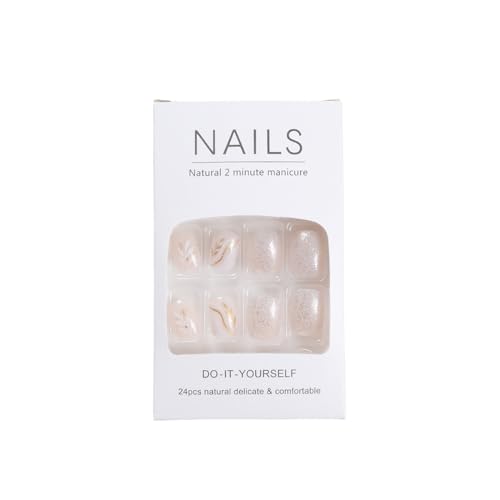 Press On Nails Short,Square Fake Nails Gold Glitter False Nails with White Line Design Leaf Patterns Acrylic Nails Glossy Stick on Nails for Women Jelly Press on Nails Thanksgiving Manicure - Image 4