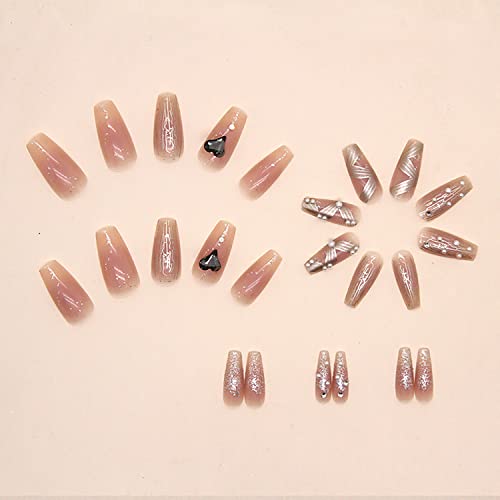 Press on Nails Square Medium Length, Coffin Shape Full Cover Reusable False Nails with Glue, Stick on Nails with Love Heart Rhinestone Designs, Artificial Acrylic Fake Nails for Women, Glue on Nails - Image 2