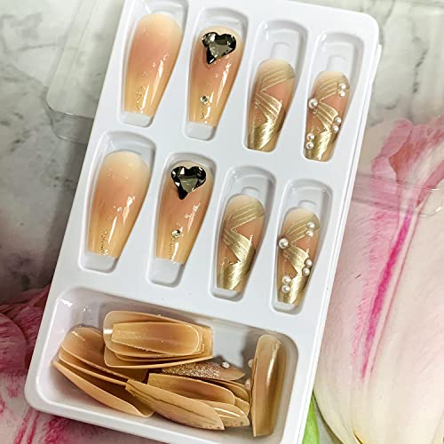 Press on Nails Square Medium Length, Coffin Shape Full Cover Reusable False Nails with Glue, Stick on Nails with Love Heart Rhinestone Designs, Artificial Acrylic Fake Nails for Women, Glue on Nails - Image 5