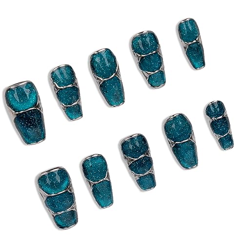 Press On Nails - Star Walk, Handmade Glitter Starry Night Sky Long Coffin Fake Nails, UV Finish, Thick Acrylic and Multi-Gel False Nails, Reusable, 5 Sizes - 10 Nail Kit with Glue and Tabs (M)
