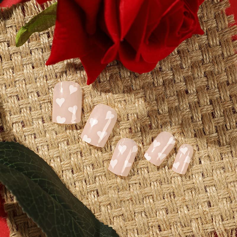 Press on Nails,Bare Pink White Heart Short Acrylic False Nails, Square Shape, Valetines Day Press on Nails,Reusable False Nails Kit with Nail Glue Jelly, 24pcs (7251-Bare Pink) - Image 3