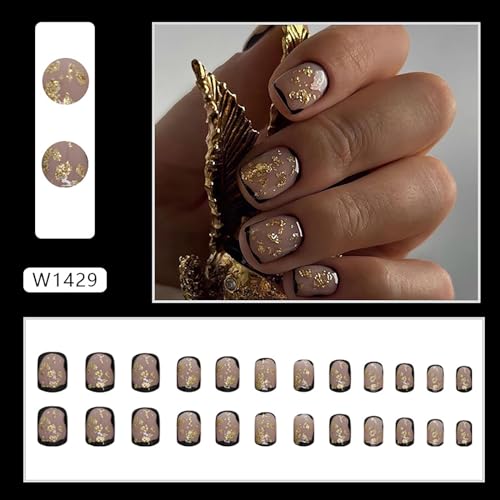 Press on Nails,Extra Short False Nails Square Fake Nails French Acrylic Nails Vintage Stick on Nails Gold Leaf Black Artificial Nails Nude Acrylic Press on Nails 24Pcs-12Sizes - Image 2