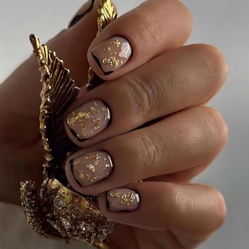 Press on Nails,Extra Short False Nails Square Fake Nails French Acrylic Nails Vintage Stick on Nails Gold Leaf Black Artificial Nails Nude Acrylic Press on Nails 24Pcs-12Sizes