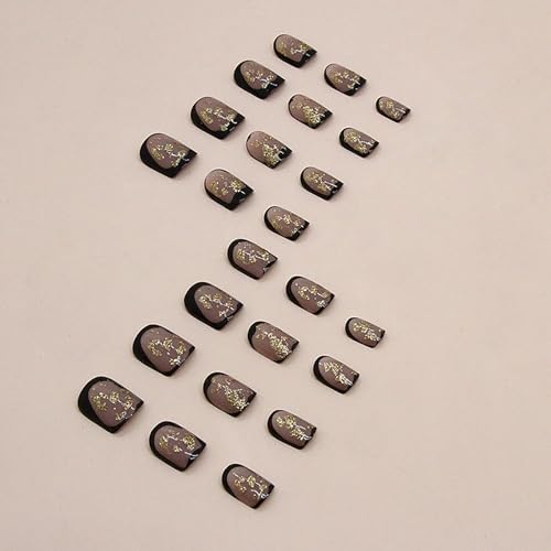 Press on Nails,Extra Short False Nails Square Fake Nails French Acrylic Nails Vintage Stick on Nails Gold Leaf Black Artificial Nails Nude Acrylic Press on Nails 24Pcs-12Sizes - Image 4