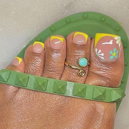 Press on Toenails Short Fake Nails Exquisite Summer Yellow Daisy Full Cover Glue On Fake Toe Nails Design Toe Nails for Women and Girls 24Pcs
