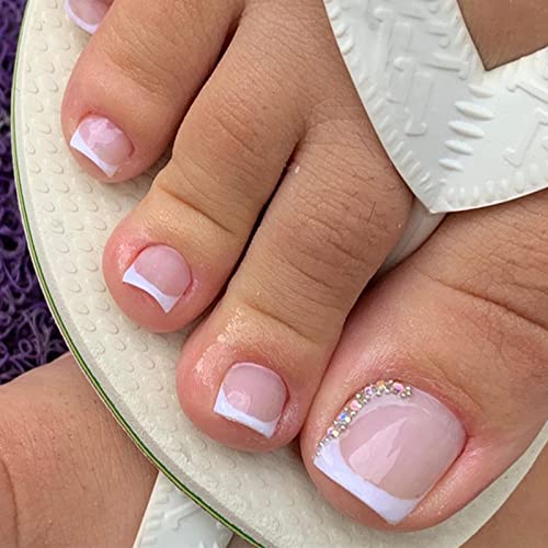 Press on Toenails Short French White Fake Toenails Natural False Toenails Short Square Coffin Toe Nails with Rhinestones Design Soft French Glue Press on Nails for Women Girls Tip Nail Art Manicure