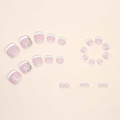 Press on Toenails Short French White Fake Toenails Natural False Toenails Short Square Coffin Toe Nails with Rhinestones Design Soft French Glue Press on Nails for Women Girls Tip Nail Art Manicure - Image 4