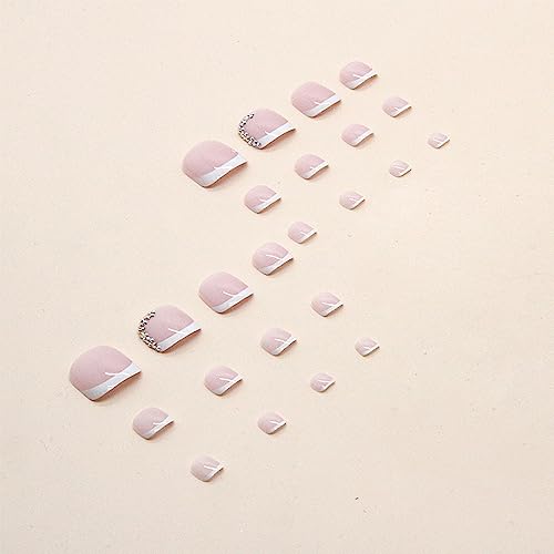 Press on Toenails Short French White Fake Toenails Natural False Toenails Short Square Coffin Toe Nails with Rhinestones Design Soft French Glue Press on Nails for Women Girls Tip Nail Art Manicure - Image 3
