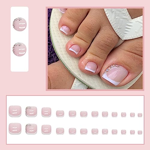 Press on Toenails Short French White Fake Toenails Natural False Toenails Short Square Coffin Toe Nails with Rhinestones Design Soft French Glue Press on Nails for Women Girls Tip Nail Art Manicure - Image 2