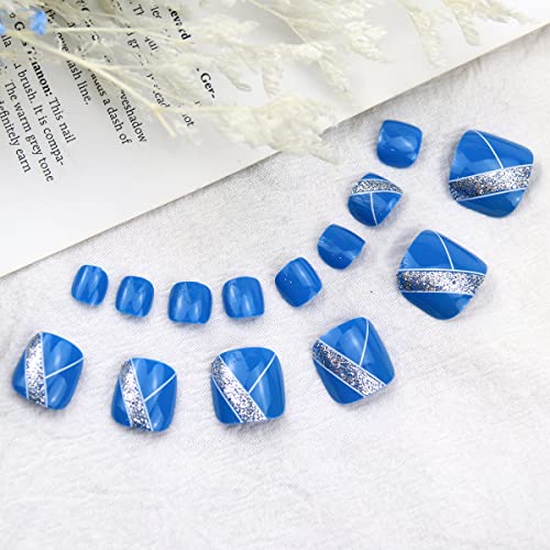 Press On Toenails Toe Tips Fake Nails Short Acrylic Blue Toe Nails Press On Fake Toenails French Tip Press On Nails Glitter Toe Nail Tip Square Stick On Nails False Toenails For Women 24pcs - Image 5