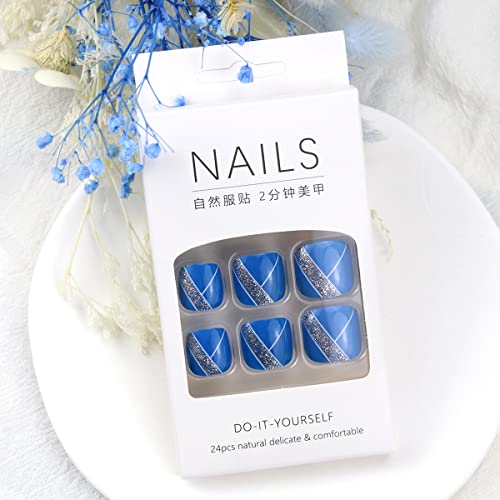 Press On Toenails Toe Tips Fake Nails Short Acrylic Blue Toe Nails Press On Fake Toenails French Tip Press On Nails Glitter Toe Nail Tip Square Stick On Nails False Toenails For Women 24pcs - Image 2
