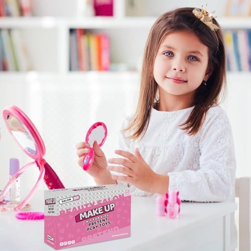 Pretend Play Make Up | Kids Makeup Vanity Set | Hair Salon Girls Toys | Styling Toy Set for Girls with Realistic Blow Dryer, Hair Straightener Barber Apron Sunglass Clip - Image 3