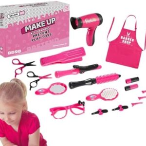 Pretend Play Make Up | Kids Makeup Vanity Set | Hair Salon Girls Toys | Styling Toy Set for Girls with Realistic Blow Dryer, Hair Straightener Barber Apron Sunglass Clip
