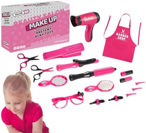 Pretend Play Make Up | Kids Makeup Vanity Set | Hair Salon Girls Toys | Styling Toy Set for Girls with Realistic Blow Dryer, Hair Straightener Barber Apron Sunglass Clip