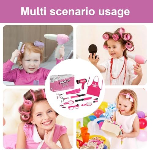 Pretend Play Make Up | Kids Makeup Vanity Set | Hair Salon Girls Toys | Styling Toy Set for Girls with Realistic Blow Dryer, Hair Straightener Barber Apron Sunglass Clip - Image 7