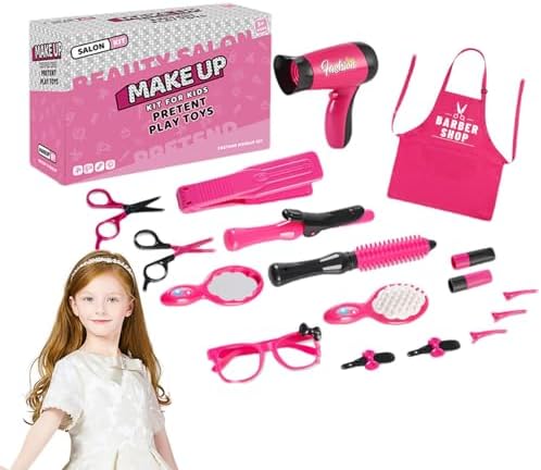 Pretend Play Make Up | Kids Makeup Vanity Set | Hair Salon Girls Toys | Styling Toy Set for Girls with Realistic Blow Dryer, Hair Straightener Barber Apron Sunglass Clip - Image 9