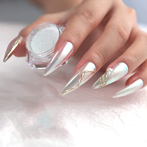 PrettyDiva Aurora Chrome Nail Powder - 2 Colors Pearl Chrome Nail Powder with Multi Color Shifting Metallic Powders Mirror Effect, Magic Moonlight Effect White iridescent Pigment powder for Nails