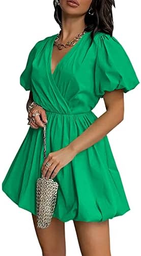 PRETTYGARDEN Women's Short Summer Dresses Casual Puffy Sleeve Wrap V Neck Ruffle Solid Color Flare Dress