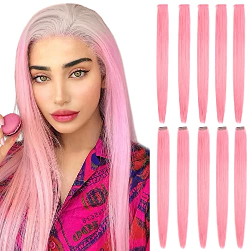 Princess Pink Hair Extensions Clip In Neon Hair Extension Hairpieces Party Highlights Synthetic Halloween Hair Accessories Colored Straight Extension Clip Ins for Kids Girls 22" 10pcs