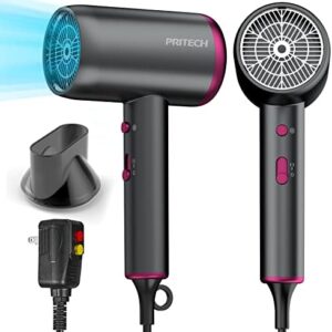 PRITECH 1875W Ionic Hair Dryer with Concentrator, Quiet & Portable for Travel