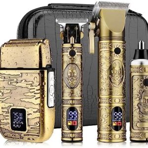Professional Hair Clippers for Men,Hair Clippers+T-Blade Trimmer+Electric Shaver+Nose Hair Trimmer Set,4 in 1 Cordless Barber Hair Cutting Kit LCD Display Gifts (Gold)